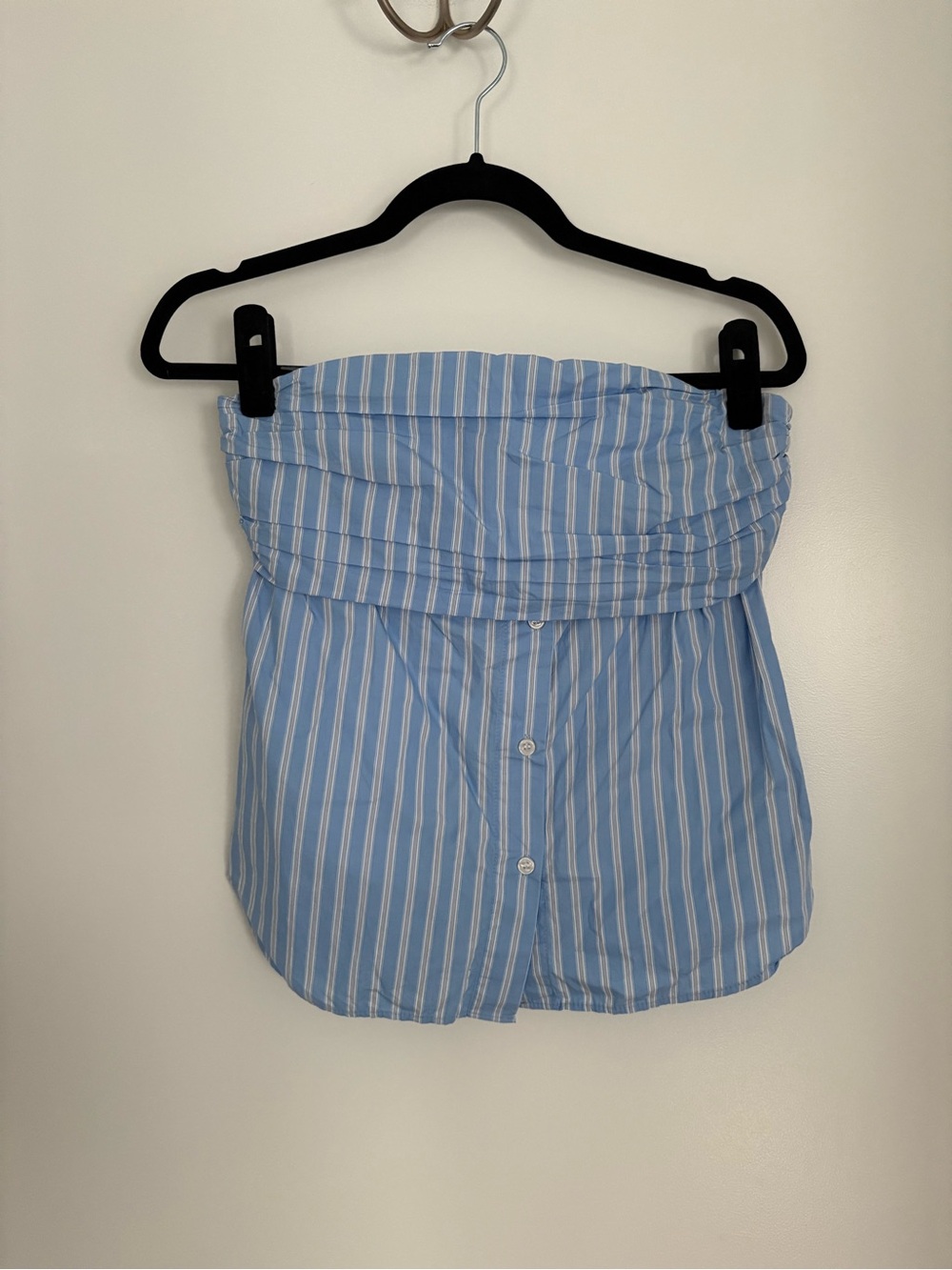 Zara Blue and White Striped Strapless Button-Front Top